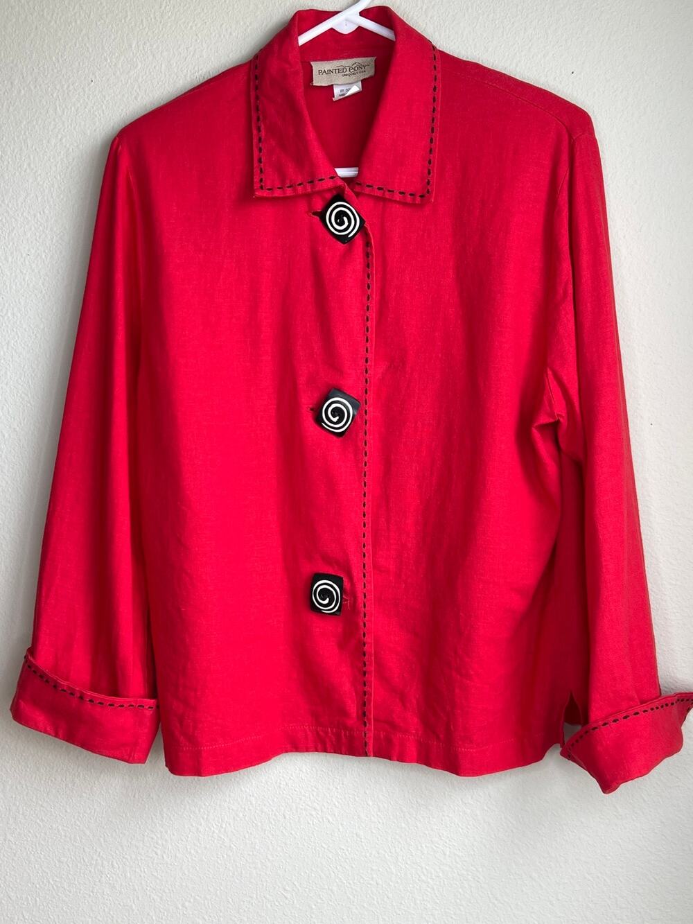 Vintage Painted Pony Red Linen Blend Made in USA Swirl Button Jacket Large